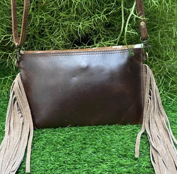 Klassy Cowgirl Dark Leather Crossbody Bag with Brown and White hair on cowhide #2